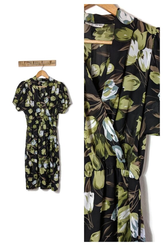90s Does 40s Style Dress Black Floral Draped Tulip Dress Etsy