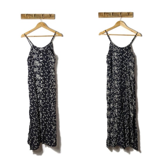 Vintage Navy Phool Dress / 90s strappy button up d