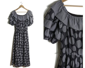 Vintage Black Ruffle Maxi Dress / Grey Polka Dots / UK 14