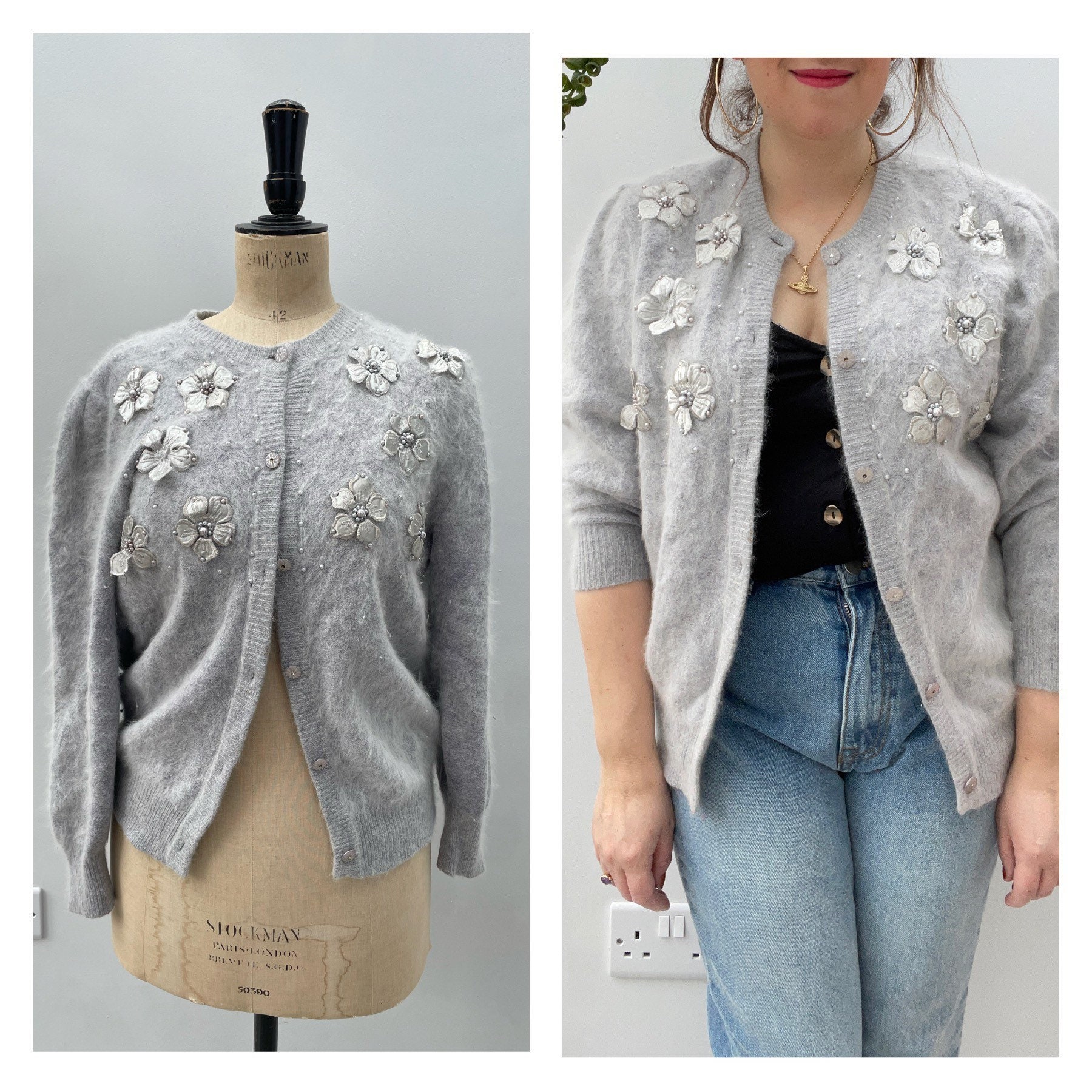 Vintage Grey Angora Cardigan / Soft 