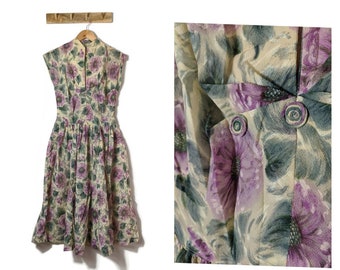 50s Purple Rose Print Dress / True vintage dress  / SMALL