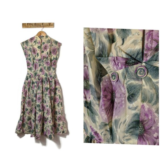 50s Purple Rose Print Dress / True vintage dress