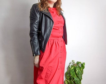 90s Red Dress Cotton Button up Midi Dress