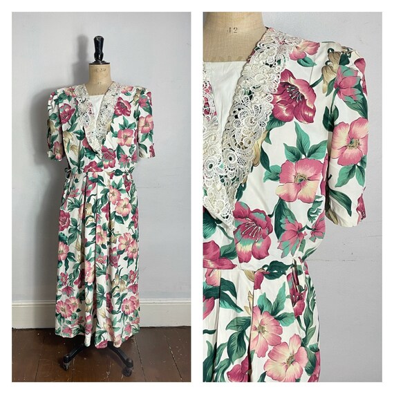 80's Vintage Floral Lace and Ribbon Trim Dress Size S / 6