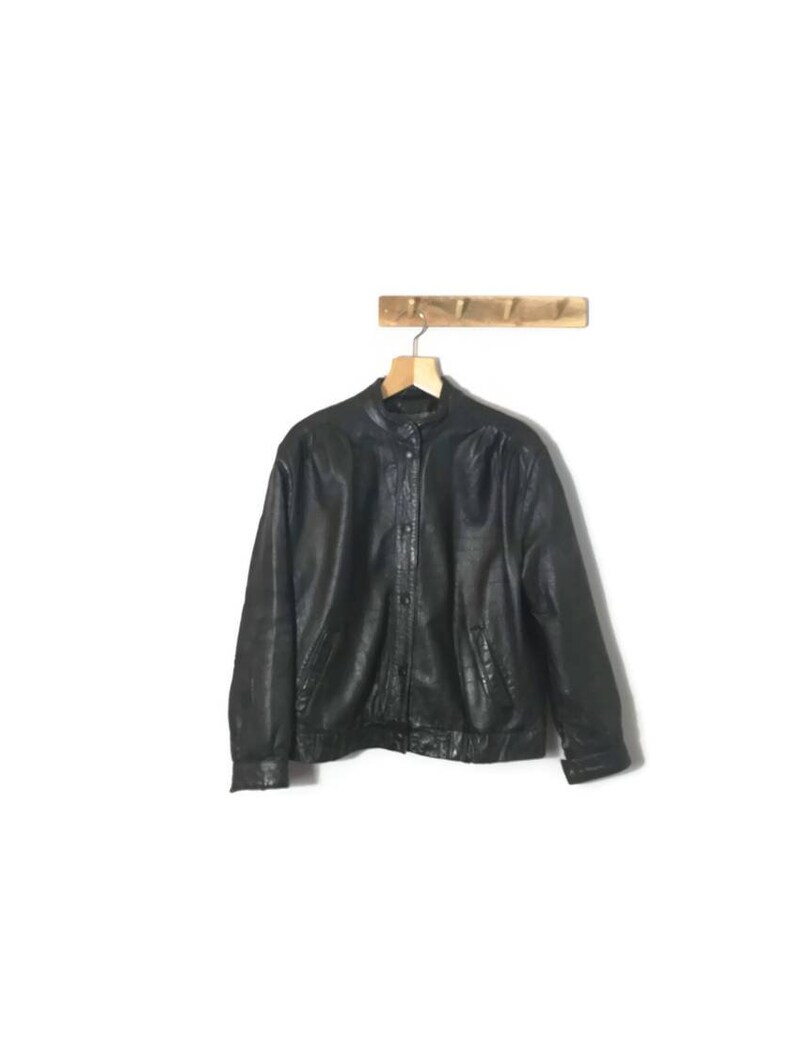 80s Black Leather Jacket Retro Biker Size 12