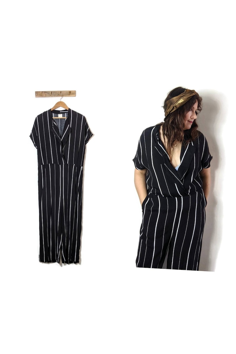 90s Black Striped Jumpsuit with loose leg fit MEDIUM