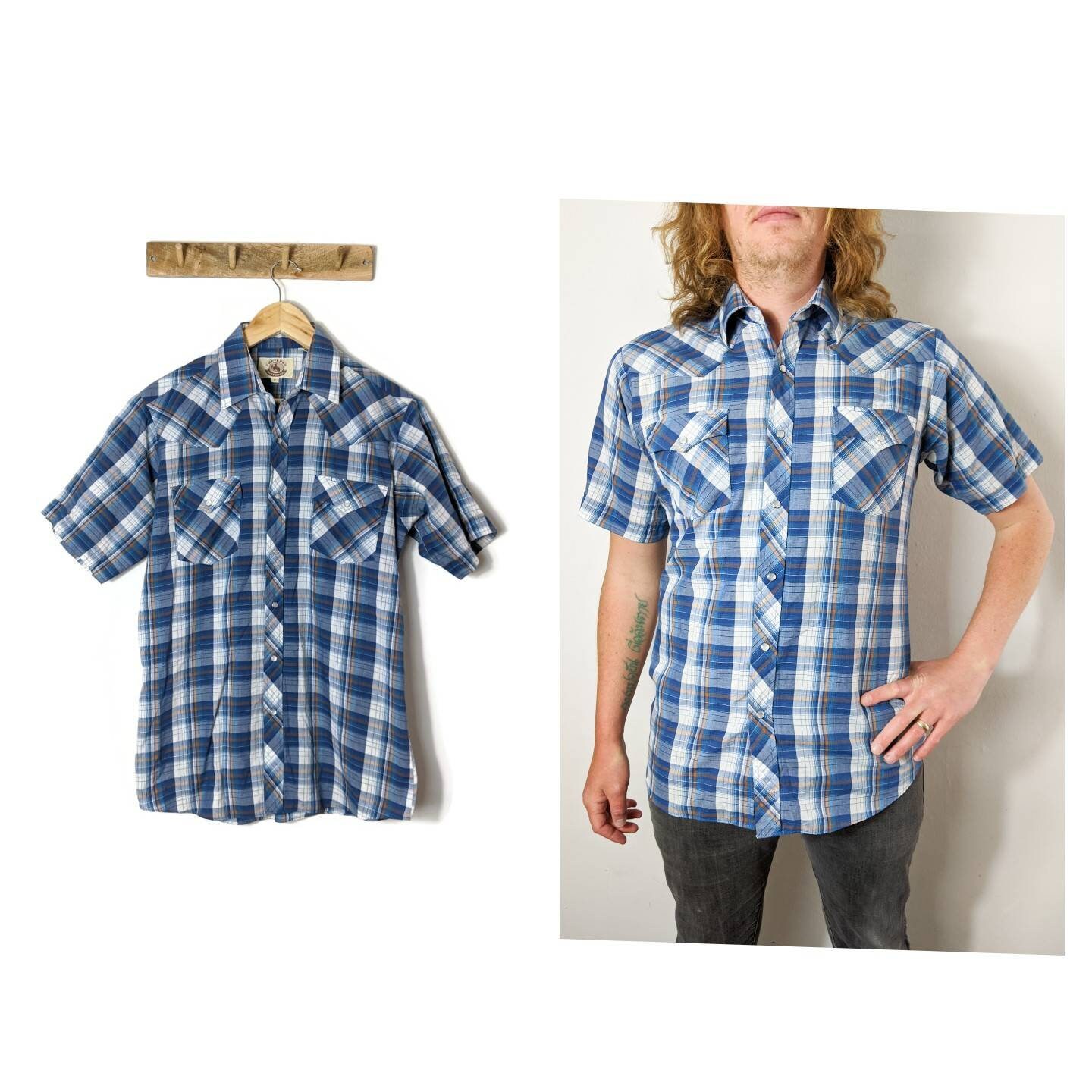 Image of Blue Check Western Men's Shirt With Snap Buttons/Medium
