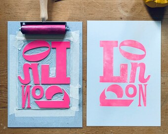 Neon Pink London - Original & Signed A4 Lino Print