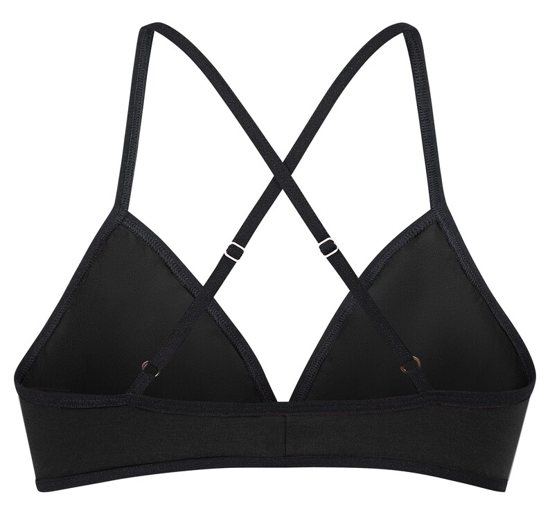 May include: Black triangle bra with adjustable straps that cross at the back.