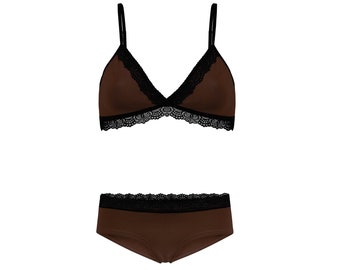 Set: Organic bra + hipster panties Spitze brown