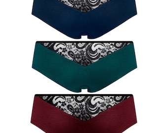Set of 3 - Organic hipster panties Jondel with black lace: smaragd (green), aubergine (red), indico (blue)