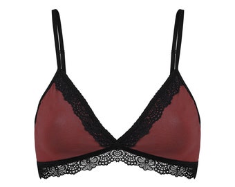 Organic Bralette Spitze, aubergine with lace