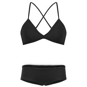 May include: A black two-piece lingerie set featuring a triangle bra and high-waisted underwear. The underwear has a delicate lace trim.