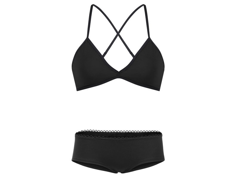May include: A black two-piece lingerie set featuring a triangle bra and high-waisted underwear. The underwear has a delicate lace trim.
