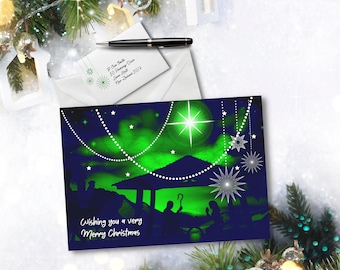 Downloadable, Printable Nativity Scene Christmas Card, 3 Sizes, Vintaged Themed, Trending Colour Emerald, Includes Envelope, Religious Card