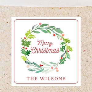 Personalized Merry Christmas Stationary Calling Card Sticker, Christmas Wreath Enclosure Square Card, Printed Family Holiday Gift Tag