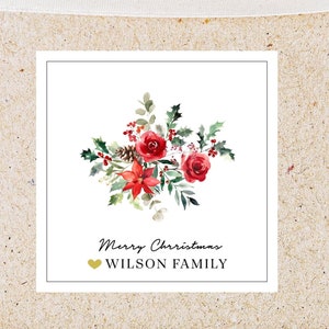 Personalized Watercolor Christmas Floral Calling Card Sticker, Family Enclosure Card for Gift Giving, Printed Family Holiday Gift Tag