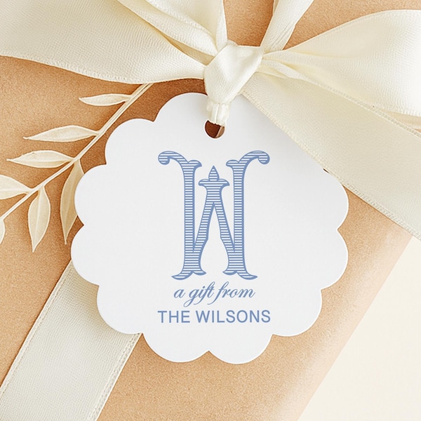 Custom Monogram Scallop Gift Tags for Family, 2.5x2.5 inch Circle Hanging Tag, Printed and Shipped Tags, 12 Tags for Holiday Party Favor
