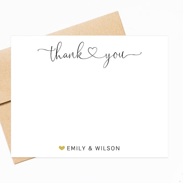 Personalized Thank You Stationery Set for Notes with Envelopes, Elegant Script Thank You Cards with Heart, Newlywed Thank you Stationary Set