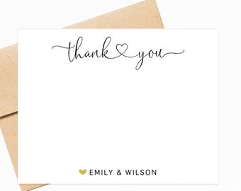 Personalized Thank You Stationery Set for Notes with Envelopes, Elegant Script Thank You Cards with Heart, Newlywed Thank you Stationary Set