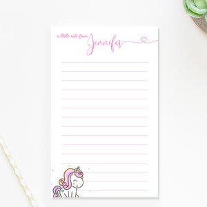 Girls Unicorn Stationary Set for Kids Customized Notepad Paper, Cute Unicorn  Note Pad Lined Stationery for Girl Thank You Notes Set, NP154 