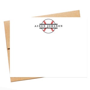 May include: White stationery card with a baseball design and the name "AIDEN JOHSNON" in black. The baseball graphic is black with red stitching. The card is on a brown envelope.