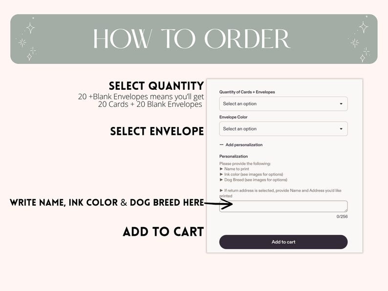 May include: A webpage screenshot with instructions on how to order custom cards. The text reads "HOW TO ORDER", "SELECT QUANTITY", "SELECT ENVELOPE", and "WRITE NAME, INK COLOR & DOG BREED HERE". There are dropdown menus for quantity and envelope color.