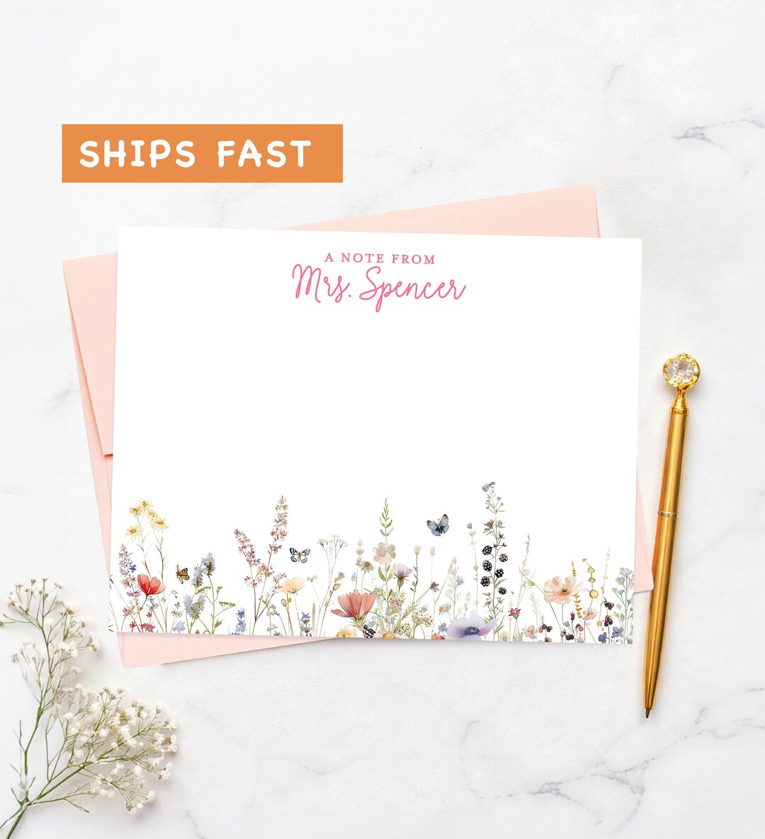 Personalized Floral Notecards With Wildflowers & Butterflies, Custom ...