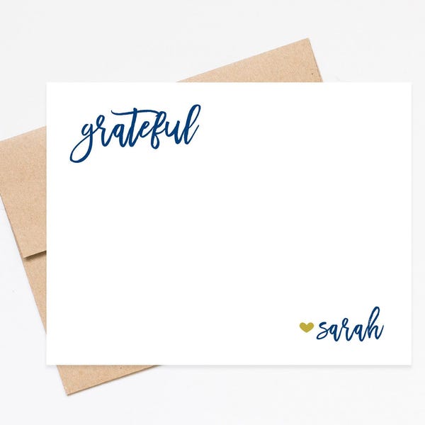 Personalized Grateful Thank You With Heart, Stationery with Envelopes, Modern Elegant Script Thank You Notecards, Grateful Stationary Set