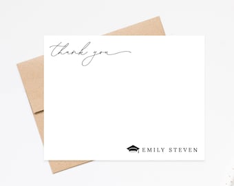 Thank You Personalized  Graduation Stationery Set, Stationary Flat Card with Envelope, Personalized Grad Stationary Thank You Notes with Cap