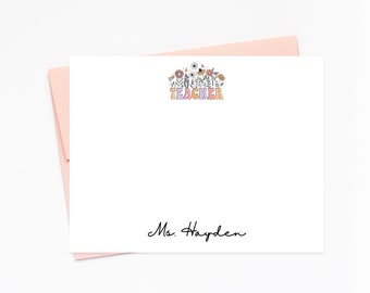 Personalized Teacher Stationery with Floral, Custom Teacher Appreciation End of School Gift, Printed Stationary Note Cards with Envelopes