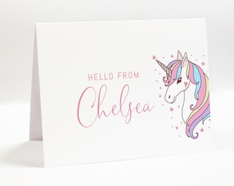 Personalized Folded Stationery For Kids Birthday, Stationery Thank you Card for Girls Party, Hello from Notecard with Unicorn Set of 10 Card