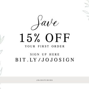 a promotional message for a 15% discount on the first order of a product, along with instructions to sign up for the product.