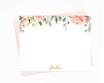 Peach Floral Personalized Stationery card set, Flat Notecards, Personalized Card Set Flat NoteCard and Envelope Set, Personalized Stationary