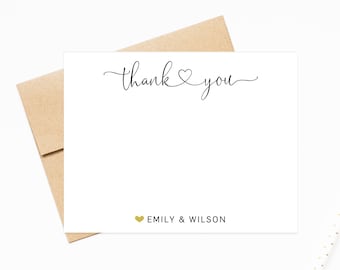 Personalized Thank You Stationery Set for Notes with Envelopes, Elegant Script Thank You Cards with Heart, Newlywed Thank you Stationary Set