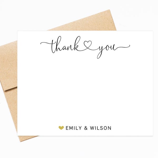 Personalized Thank You Stationery Set for Notes with Envelopes, Elegant Script Thank You Cards with Heart, Newlywed Thank you Stationary Set