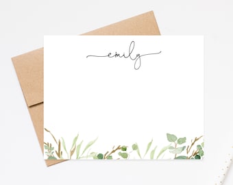 Personalized Script Floral Greenery Stationery Cards set, Flat Notecards Gift, Personalized Stationary Card Set Flat Note Cards and Envelope