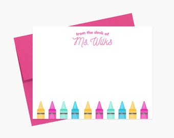 Personalized Stationery with Crayons for Teacher Appreciation Gift, Stationary Flat Card Set with Envelopes, From The Desk Of Teacher Notes