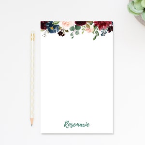 Personalized Burgundy Floral Notepad, Notepad with Flowers, Custom Gift for Mom, Notepads for Her, Women's Notepad, Customized Notepad