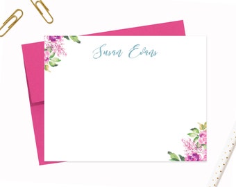 Personalized Floral Stationery Set For Women, Watercolor Note Cards, Stationary Flat Cards Set With Envelopes, Personalize Gift Card for Mom