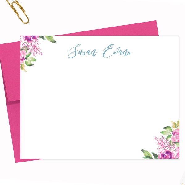 Personalized Floral Stationery Set For Women, Watercolor Note Cards, Stationary Flat Cards Set With Envelopes, Personalize Gift Card for Mom