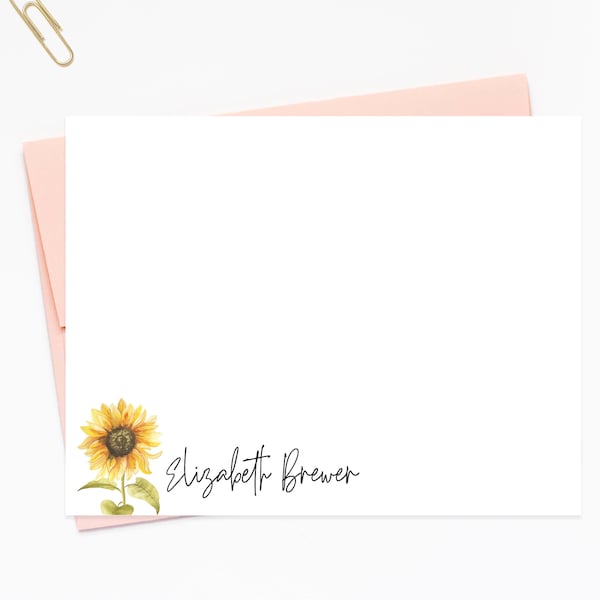 Personalized Sunflower Stationery Gift Set for Her, Sun Flower Note Cards, Sun Stationary Flat Cards with Envelopes, Personalized Stationary