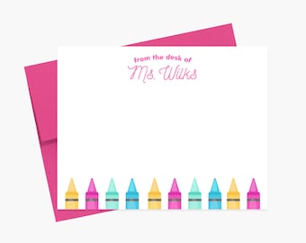 Personalized Stationery with Crayons for Teacher Appreciation Gift, Stationary Flat Card Set with Envelopes, From The Desk Of Teacher Notes