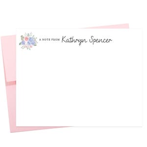 Personalized Stationery Cards with Hydrangea Flower for Women, Watercolor Floral Stationary Card with Hydrangea in Handwritten Script Font