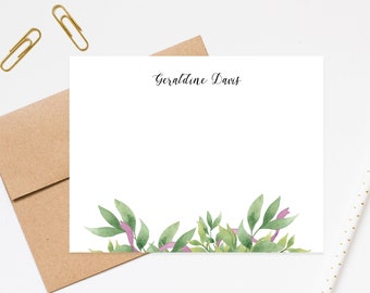 Script Purple Greenery Personalized Stationery Note, Stationary Flat Cards with Envelopes, Wedding Stationery, Gift for Mom, Floral Card