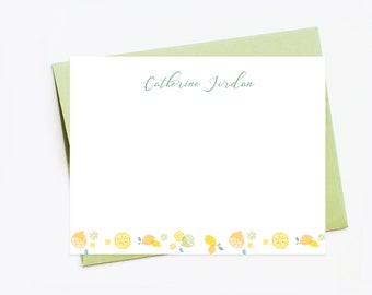 Personalized Summer Stationary Cards for Mom, Lemons Watercolor Stationery for Women, Custom Card Set Flat Note Cards and Envelopes