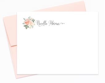 Peachy Floral Calligraphy Personalized Stationery Note Cards, Stationary Flat Cards with Envelopes