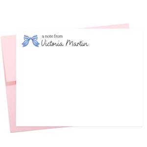 Personalized Stationery Cards: Blue Bow, Handwritten Script