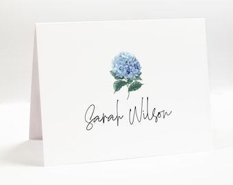 Personalized Folded Hydrangea Stationary Cards Gift Set for Her, Simple Flat Notecard, Thank You Stationery Card Set Flat Note Envelope