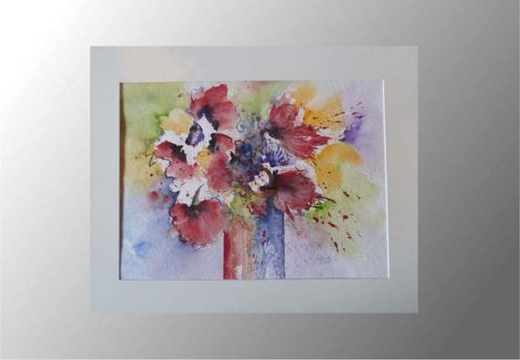 Peinture à Laquarelle Fleurs Rouge Abstrait Moderne Original Fleur Aquarelle Unique Cadeau De Noël
